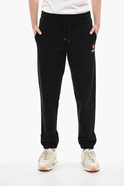 Kenzo Brushed Cotton Crest Logo Sweatpants With Cuffs In Black