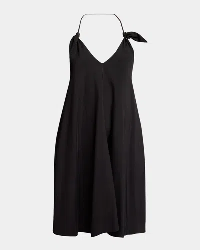 Loewe Flamenco Knotted Leather-trimmed Twill Halterneck Mini Dress In Black