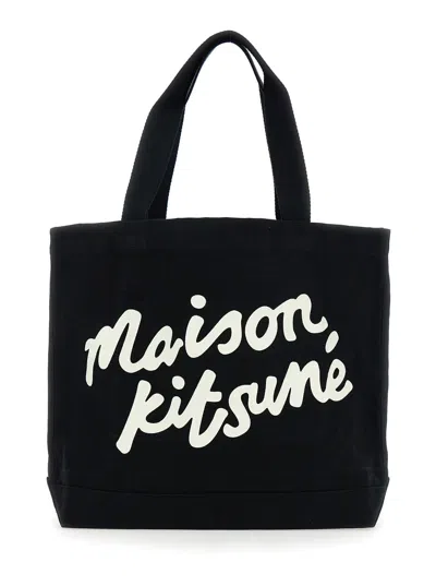 Maison Kitsuné Black Shopper With Maxi Logo Lettering On The Front In Cotton Man