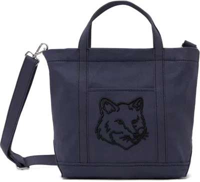Maison Kitsuné Navy Fox Head Small Tote In 0076 Slate Grey