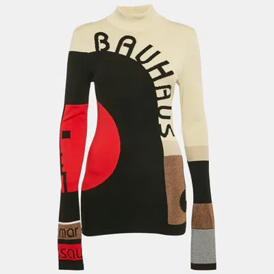 Pre-owned Mary Katrantzou Cream/black Intarsia Mock Neck Sweater M