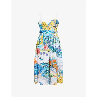 Mary Katrantzou Womens Aviemore Water Iris Belted Cotton-poplin Midi Dress