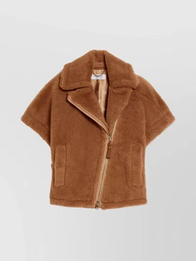 Max Mara Teddy Fabric Biker Jacket Cape In Light Brown