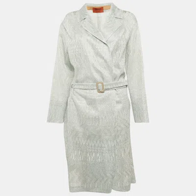 Pre-owned Missoni Blue Patterned Lurex Mesh Belted Overcoat L