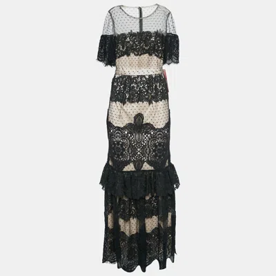 Pre-owned Monique Lhuillier Black Lace Short Sleeve Maxi Dress S