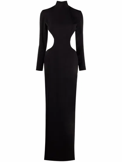 Monot Pre Slit Detail Silk Crepe Long Dress In Black