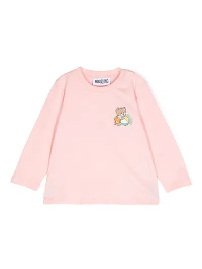 Moschino Babies' Teddybear-print Long-sleeved T-shirt In Pink