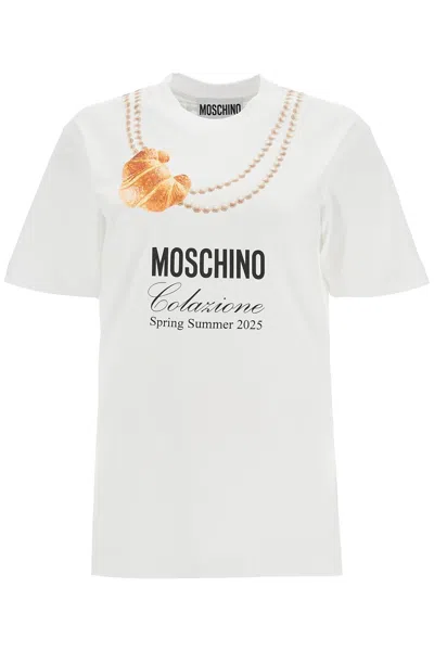 Moschino White Cotton T-shirt With Croissant And Pearls Print Women