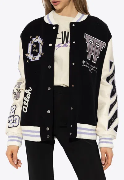 Off-white Varsity Bomber Jacket With Patches In Black Lilac