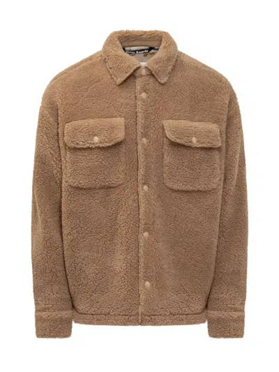 Palm Angels Bear In Mind Logo Embroidered Shirt Jacket In Camel
