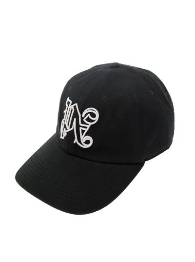 Palm Angels Black Baseball Cap With Embroidered Monogram In Cotton Man In Multicolor