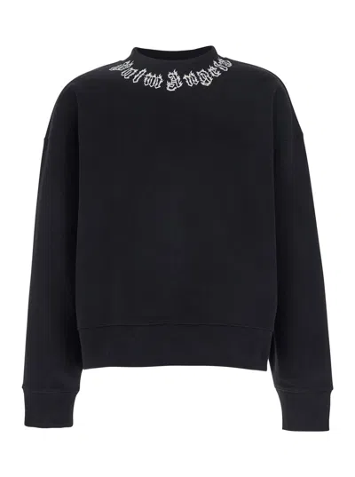 Palm Angels Black Crewneck Sweatshirt With Logo Lettering On The Neck In Cotton Man