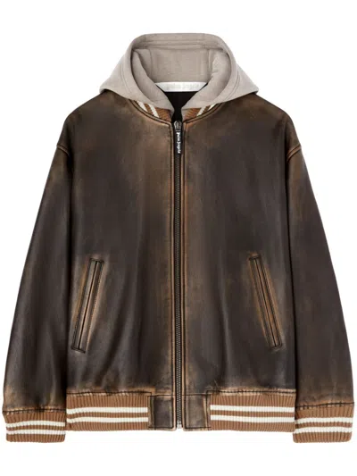 Palm Angels Curved Logo Leather Bomber In 606e Brown - Dark Brown