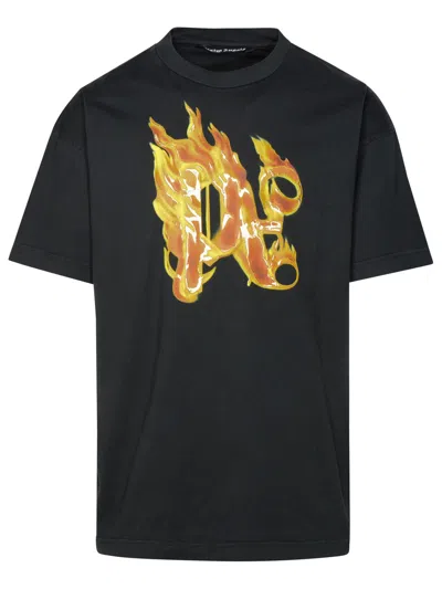 PALM ANGELS PALM ANGELS 'BURNING MONOGRAM' BLACK COTTON T SHIRT