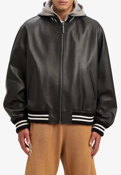 PALM ANGELS CURVED LOGO LEATHER BOMBER JACKET