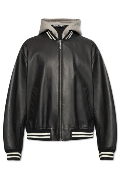 Palm Angels Curved Logo Leather Bomber Black - Off W