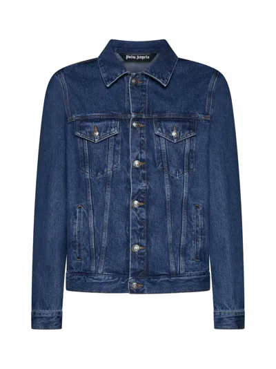 Palm Angels Denim Jacket With Monogram Detail In Light Blue