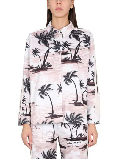Palm Angels Island Print Shirt In Beige