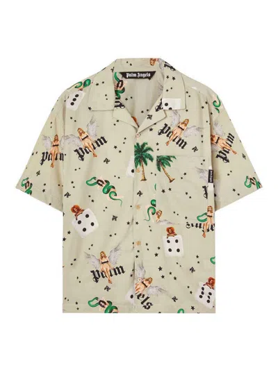 Palm Angels Pin Upshort Sleeve Bowling Shirt In Beige