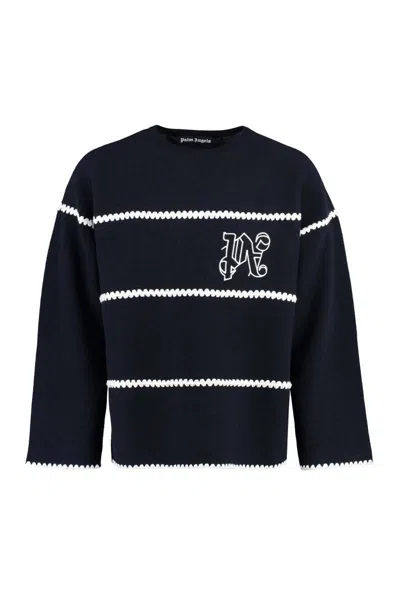 Palm Angels Navy And White Knit Sweater With Paint Monogram Stripes In Navy Blue