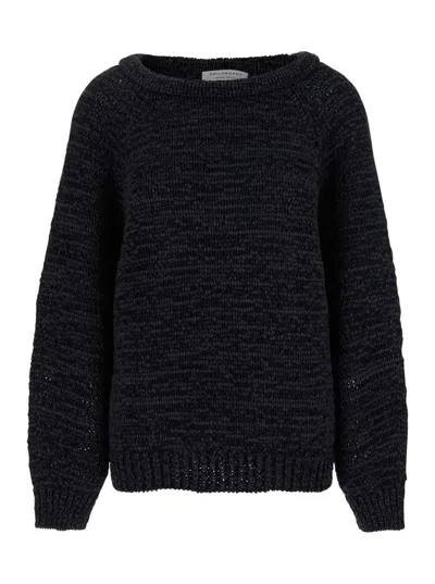 Philosophy Di Lorenzo Serafini Black Crewneck Sweater With Ribbed Trims In Tech Fabric Woman