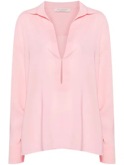 Philosophy Di Lorenzo Serafini Pink Shirt With Open Collar And V Neck In Stretch Viscose Woman