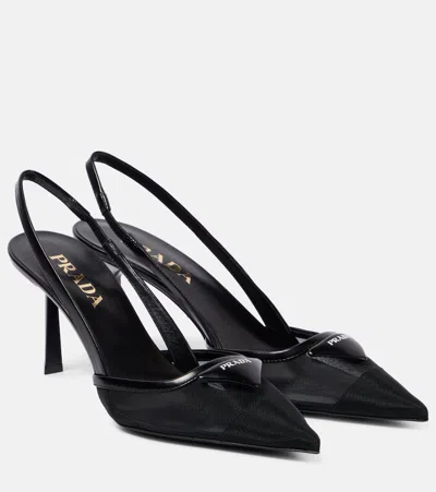 Prada 75 Logo Leather-trimmed Slingback Pumps In Black