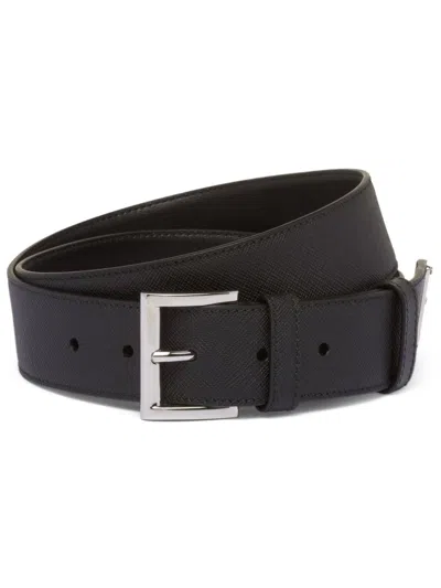 Prada Men Cintura In Pelle Saffiano Con Triangolo Logo In Black