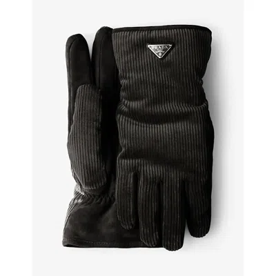 Prada Mens Black Logo-patch Corduroy Gloves