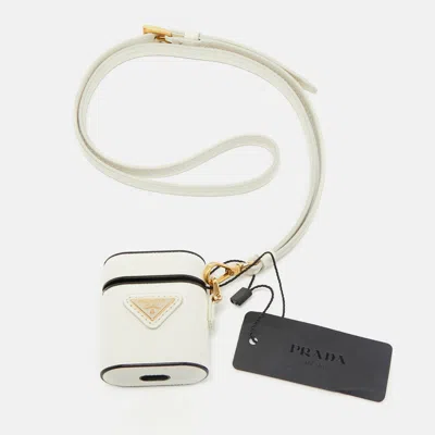 Pre-owned Prada White Saffiano Leather Airpods Case With Strap