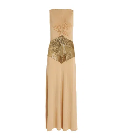 Rabanne Embellished Gathered Satin-jersey Maxi Dress In Beige