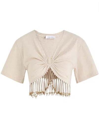Rabanne Cropped Fringed Embellished Cotton-jersey T-shirt In Beige