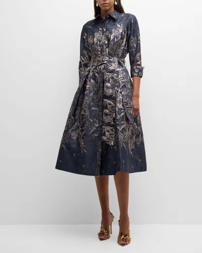 Rickie Freeman For Teri Jon Floral Metallic Jacquard Midi Shirtdress In Navy Pink