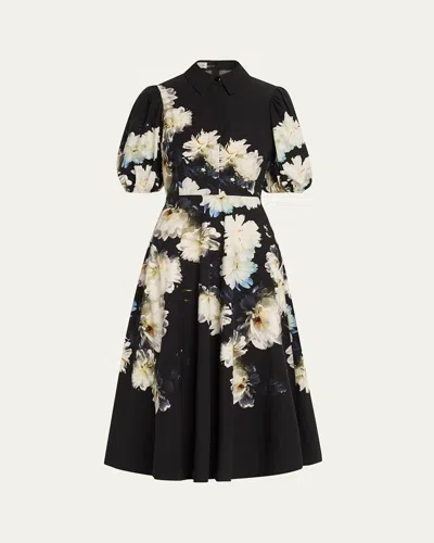 Rickie Freeman For Teri Jon Floral-print Cotton Midi Shirtdress In Black Multi