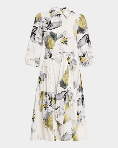 Rickie Freeman For Teri Jon Floral-print Cotton Midi Shirtdress In White Multi