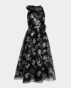 RICKIE FREEMAN FOR TERI JON METALLIC FLORAL-EMBROIDERED TULLE MIDI DRESS