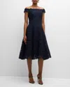 RICKIE FREEMAN FOR TERI JON OFF-SHOULDER FLORAL LACE MIDI DRESS