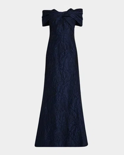Rickie Freeman For Teri Jon Off-shoulder Jacquard Trumpet Gown In Navy