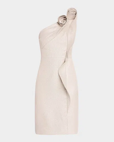 Rickie Freeman For Teri Jon One-shoulder Metallic Jacquard Dress In Champagne