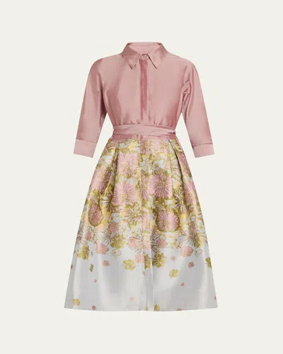 Rickie Freeman For Teri Jon Pleated Floral Jacquard Midi Shirtdress In Dusty Pnk