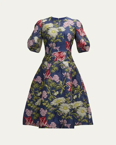 RICKIE FREEMAN FOR TERI JON PUFF-SLEEVE FLORAL JACQUARD MIDI DRESS