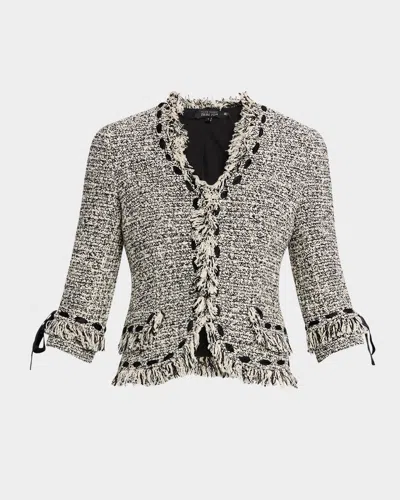 Rickie Freeman For Teri Jon Ribbon-trim Fringed Tweed Jacket In Black White