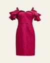 RICKIE FREEMAN FOR TERI JON RUFFLE OFF-SHOULDER FLORAL JACQUARD DRESS