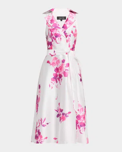 Rickie Freeman For Teri Jon Sleeveless Floral-print Pique Midi Shirtdress In White Pink