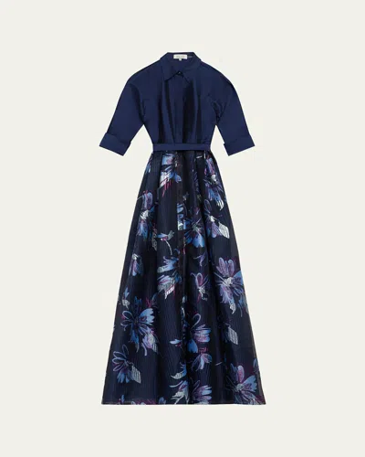 Rickie Freeman For Teri Jon Taffeta & Floral Jacquard Organza Shirt Gown In Navy Multi