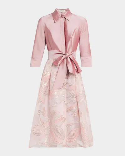 Rickie Freeman For Teri Jon Taffeta & Organza Jacquard Midi Shirtdress In Mauve Multi