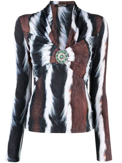 Roberto Cavalli Animal-print Long-sleeve Top In Black
