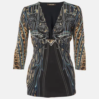 Pre-owned Roberto Cavalli Black Printed Jersey Plunge Neck Top M