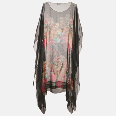 Pre-owned Roberto Cavalli Black Printed Silk Sheer Kaftan Dress M