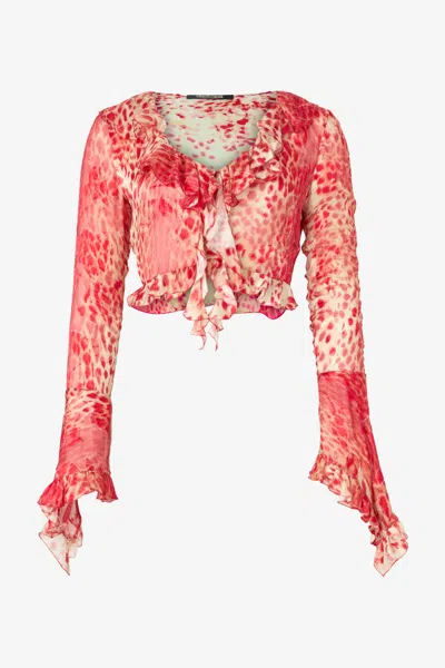 Roberto Cavalli Crop Top With Ruffle And Jaguar Skin Print In Red